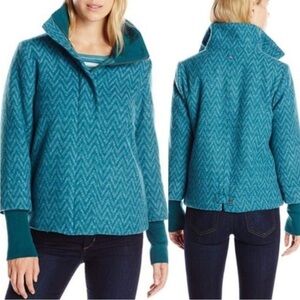 PRANA Lily Wool Blend Cozy Winter Deep Teal Chevron Zigzag Pattern Jacket Coat
